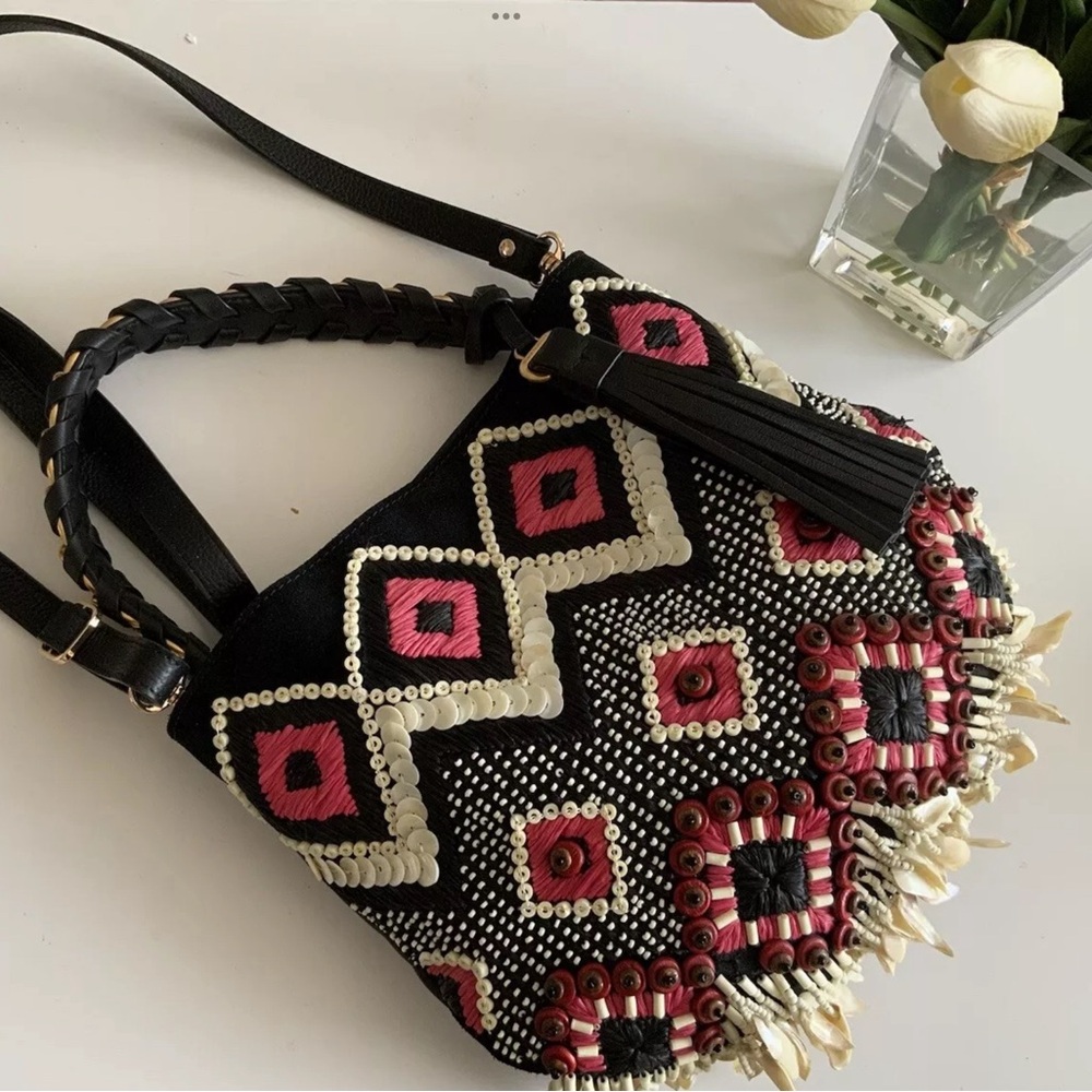 TORY BURCH EMBELLISHED BEADED SHELL & EMBROIDERY BROOKE HOBO BAG